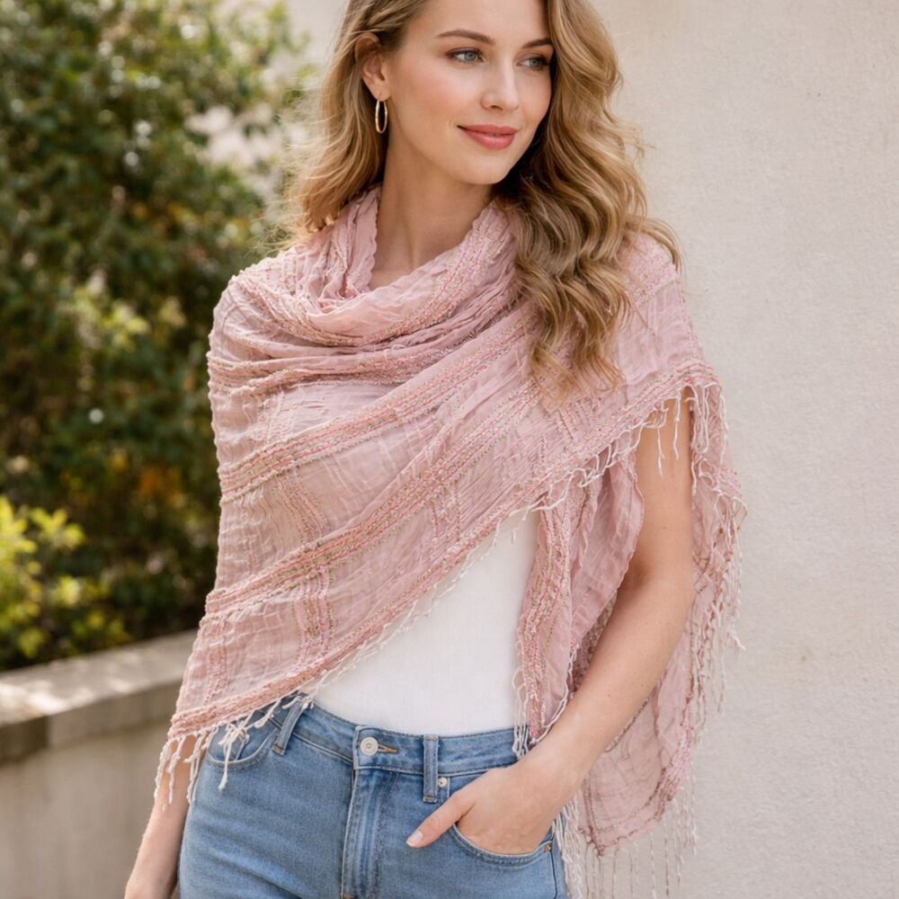 Sutton Studio Pink Shawl Scarf Italy Fringed Gold Thread 49x14” Elegant Wrap